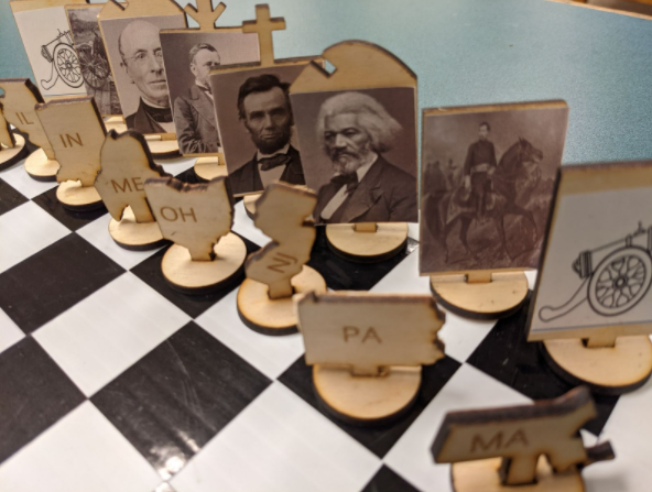 laser cut chess pieces depicting civil war northern states and figures
