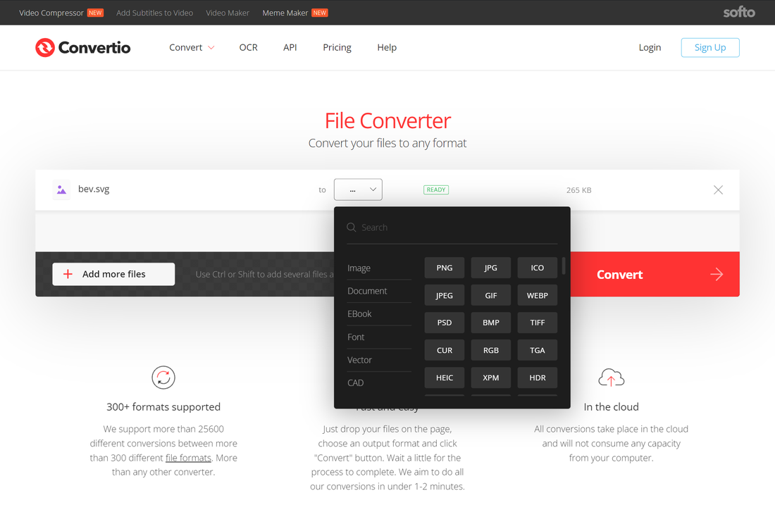 Screenshot of Convertio, file converter