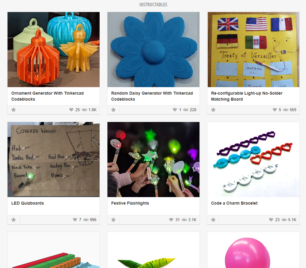Screenshot of the Instructables page offering plans for different projects to try.