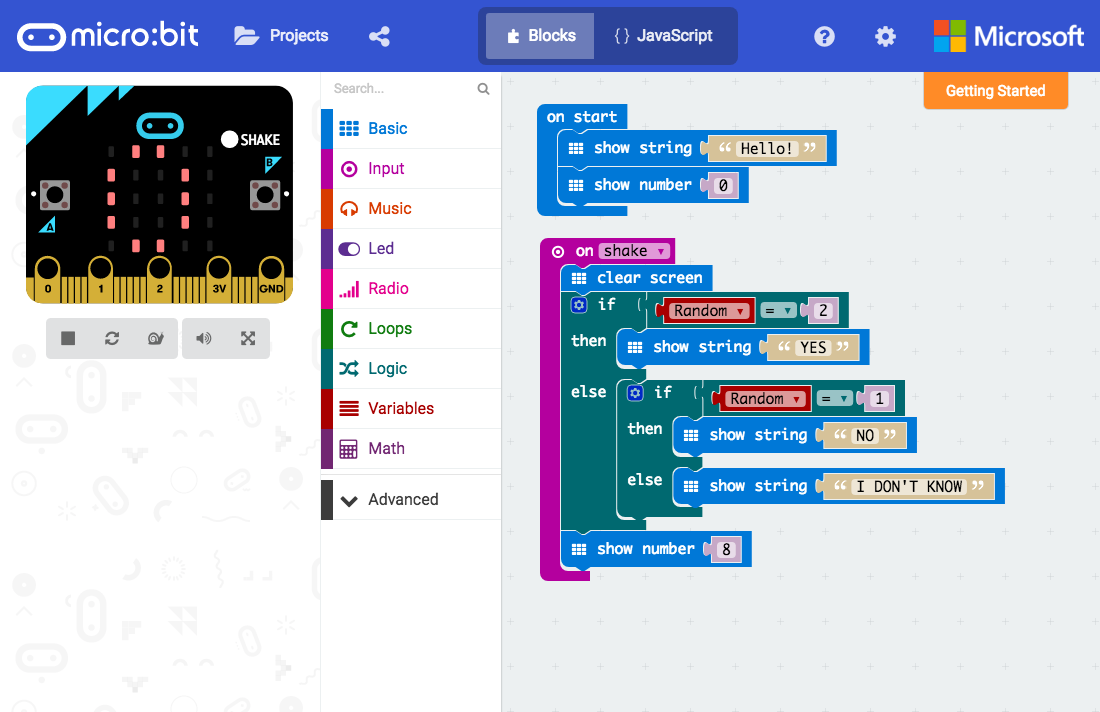 screenshot of the software to program a microbit