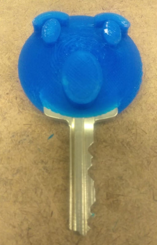 a metal key decorated with a plastic cap