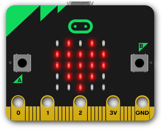microbit displaying a heart shape in its grid of lights