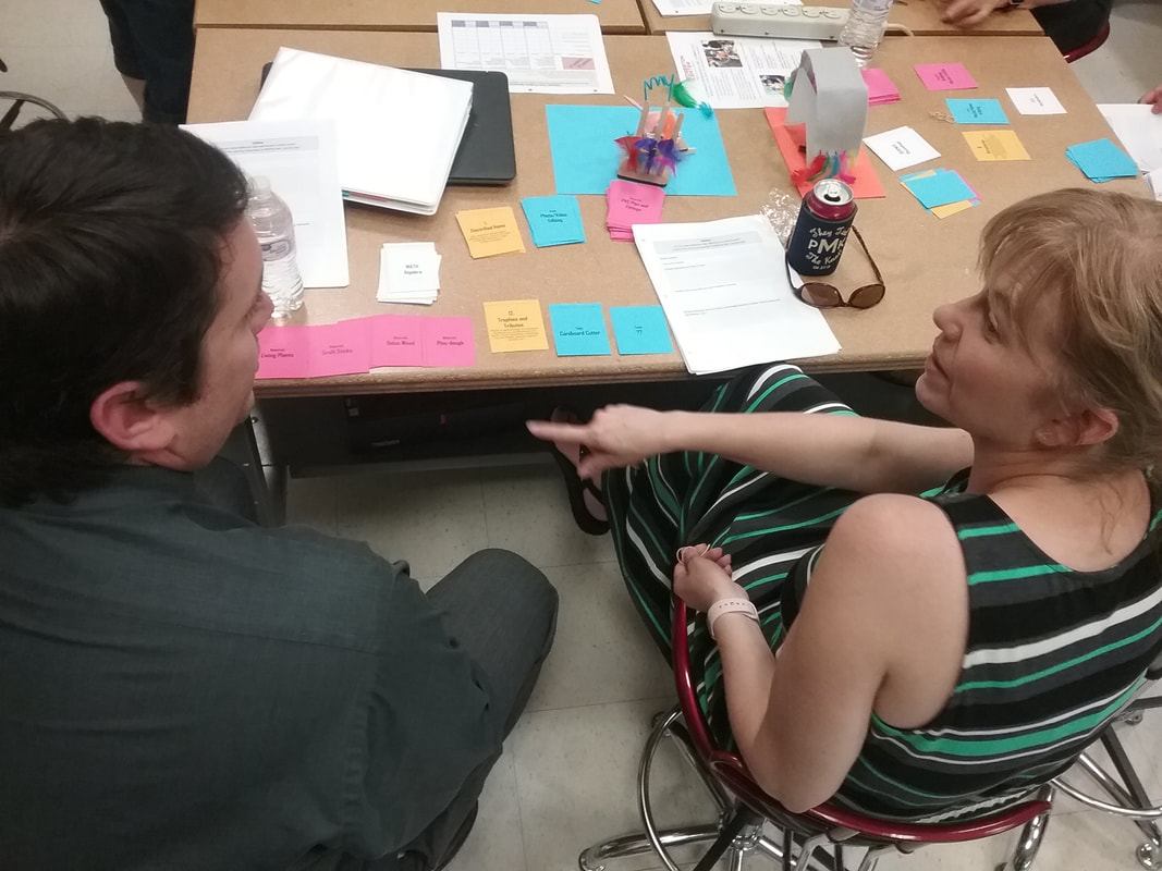 2 high school teachers brainstorm using the maker mockup card game