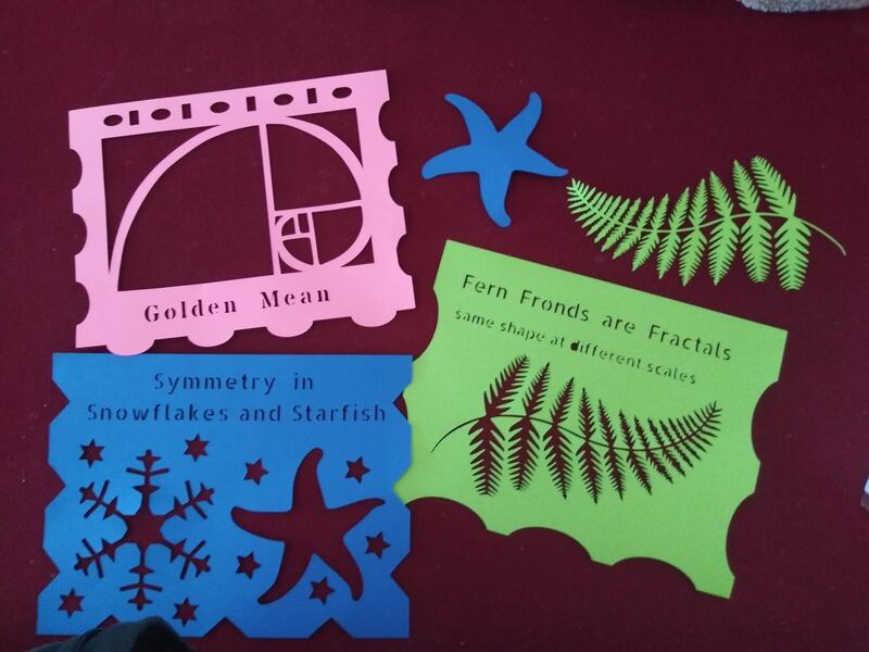 3 digitally cut paper sheets, showing illustrations of a golden mean spiral, fractals in plant anatomy, and radial symmetry