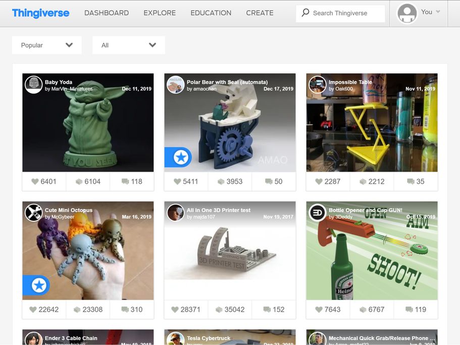 Thingiverse website screenshot with various projects including baby yoga, a polar bear, and an impossible table