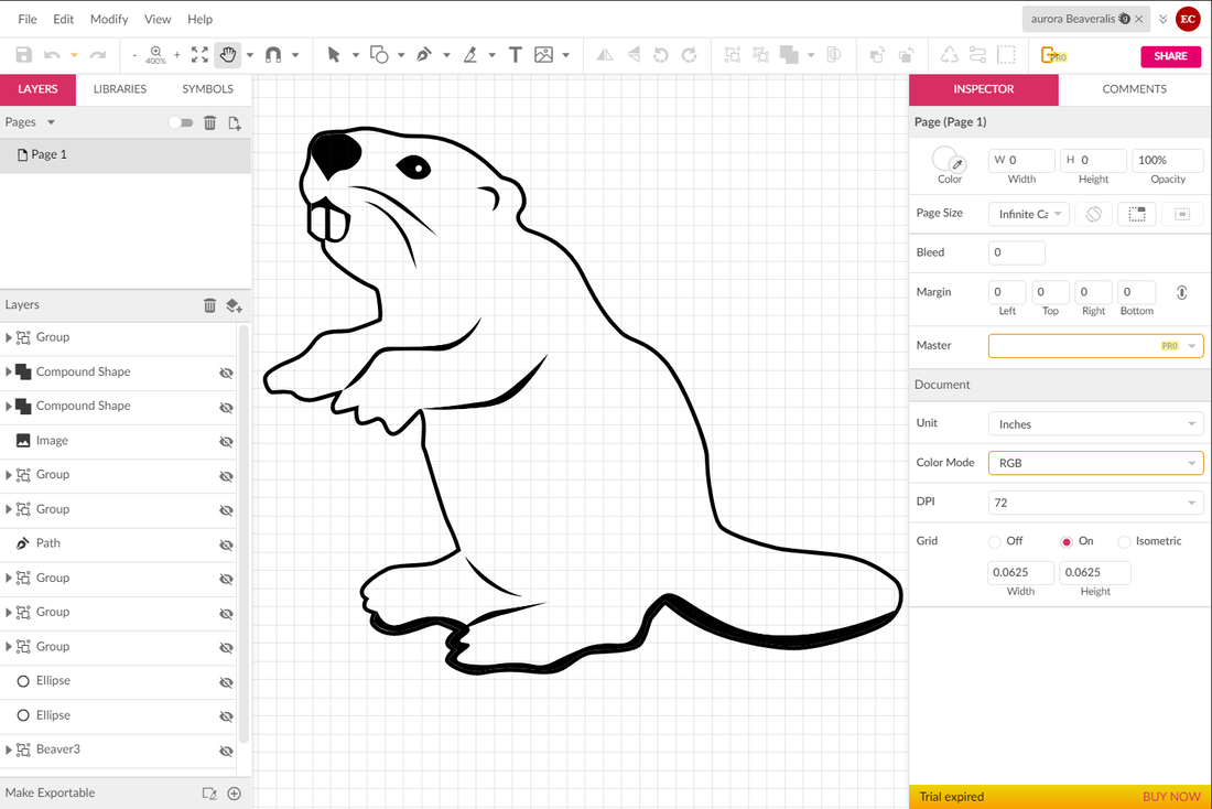 screenshot of Gravit designer computer program showing an outline of a beaver