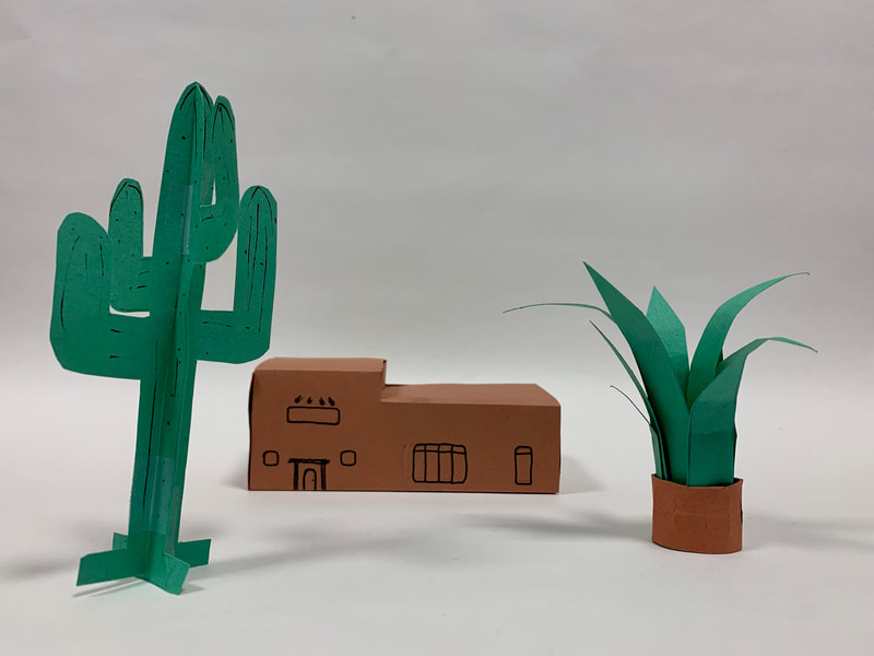 Paper models of a cactus, a succulent plant, and a flat-roofed home