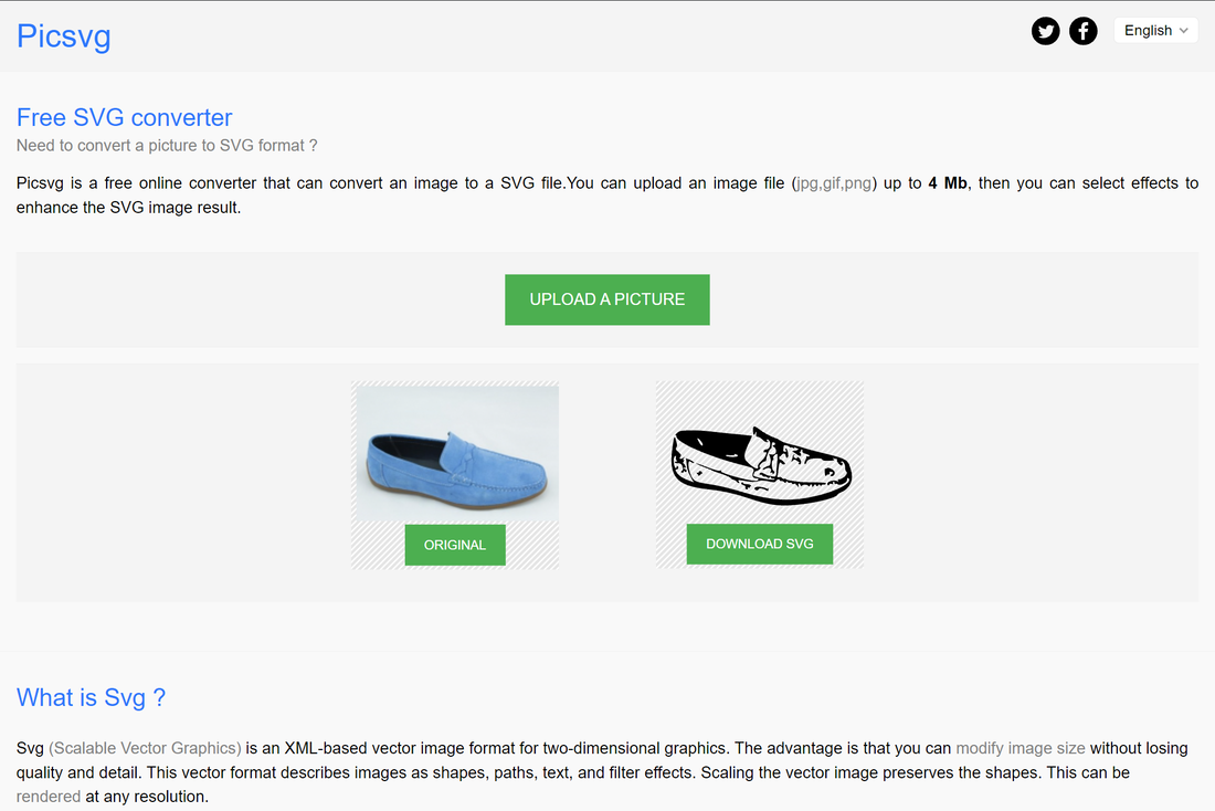 screenshot of the Picsvg converter, turning a photo of a shoe into a scalable vector graphic
