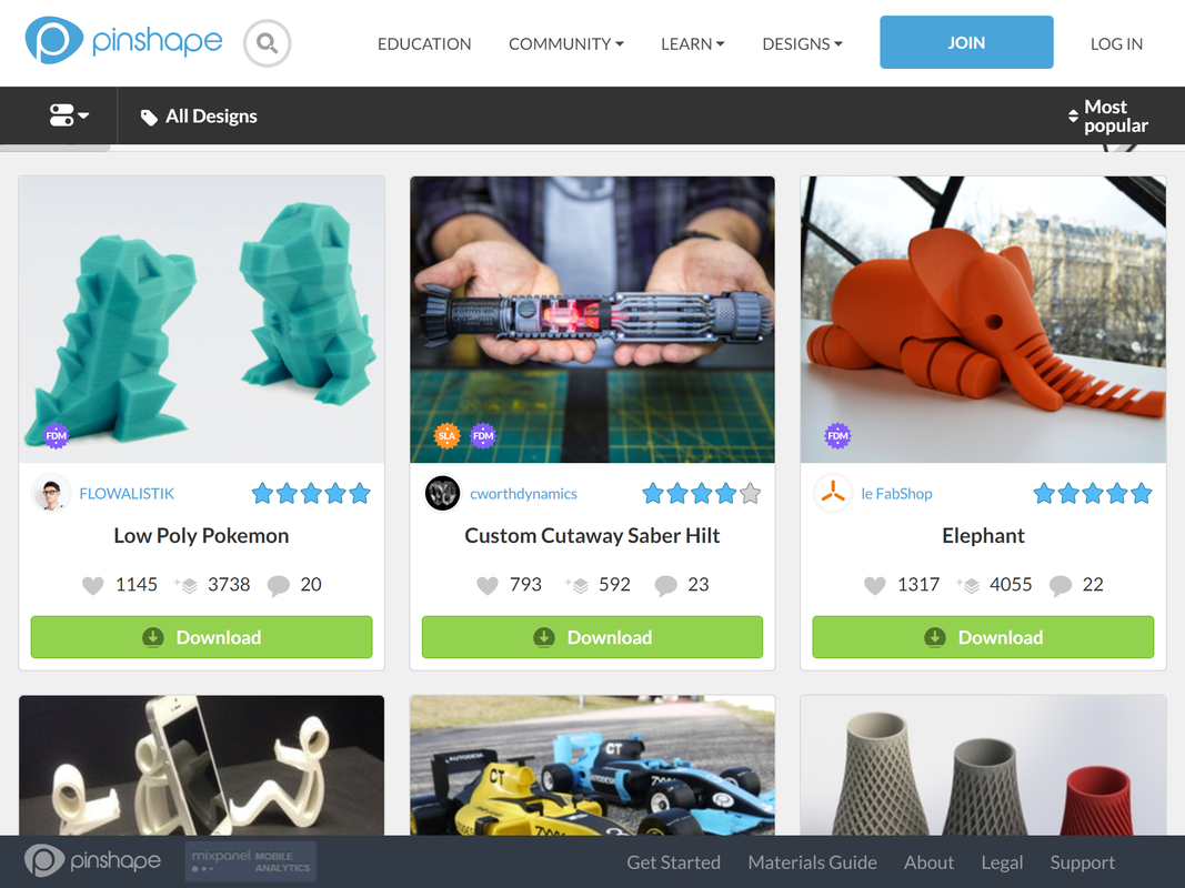 Pinshape website screenshot with images of 3D art including low poly pokemon, custom cutaway saber hilt, and an elephant