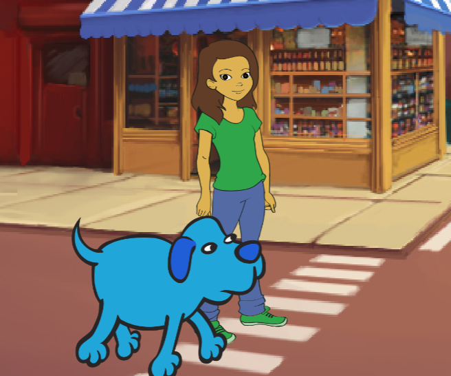cartoon image of a girl and a dog, made with Scratch