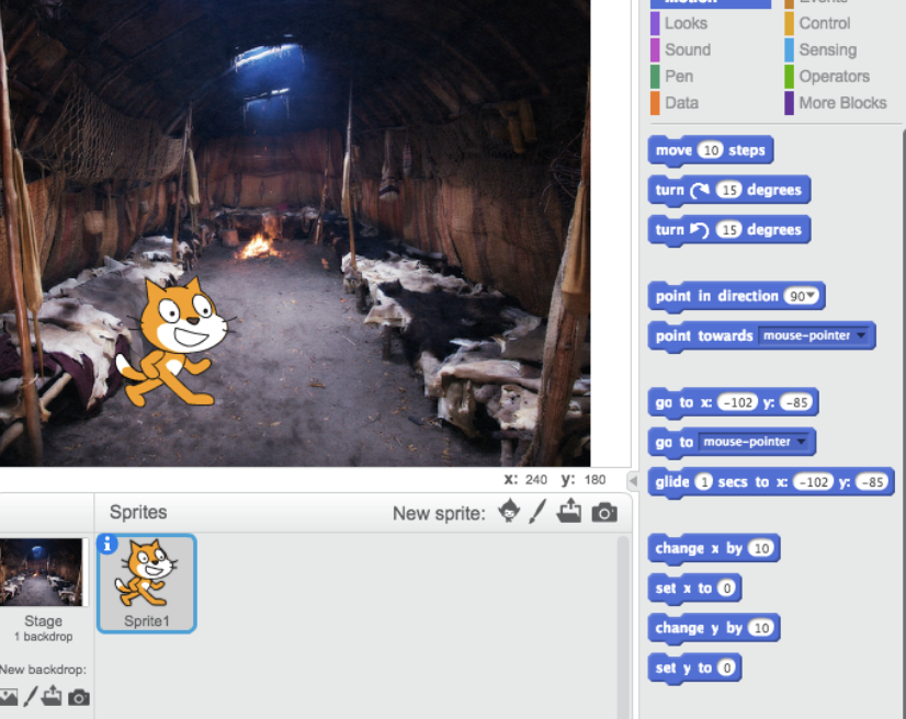 a screenshot of a Scratch  program leading the user on a virtual tour of a traditional Wampanoag home